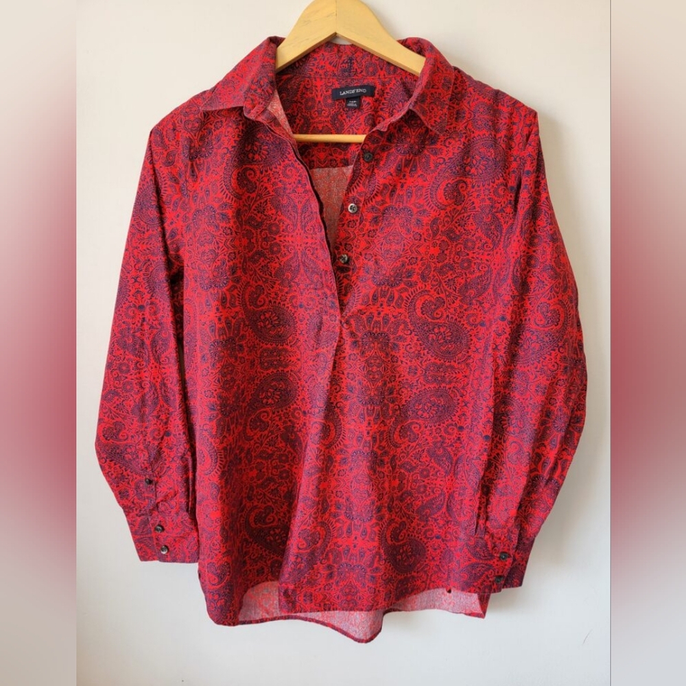 New LANDS' END Red and Blue Paisley Print Cotton Shirt